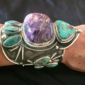 Statement Piece!! Turquoise and Charoite Stone Sterling Silver Cuff.